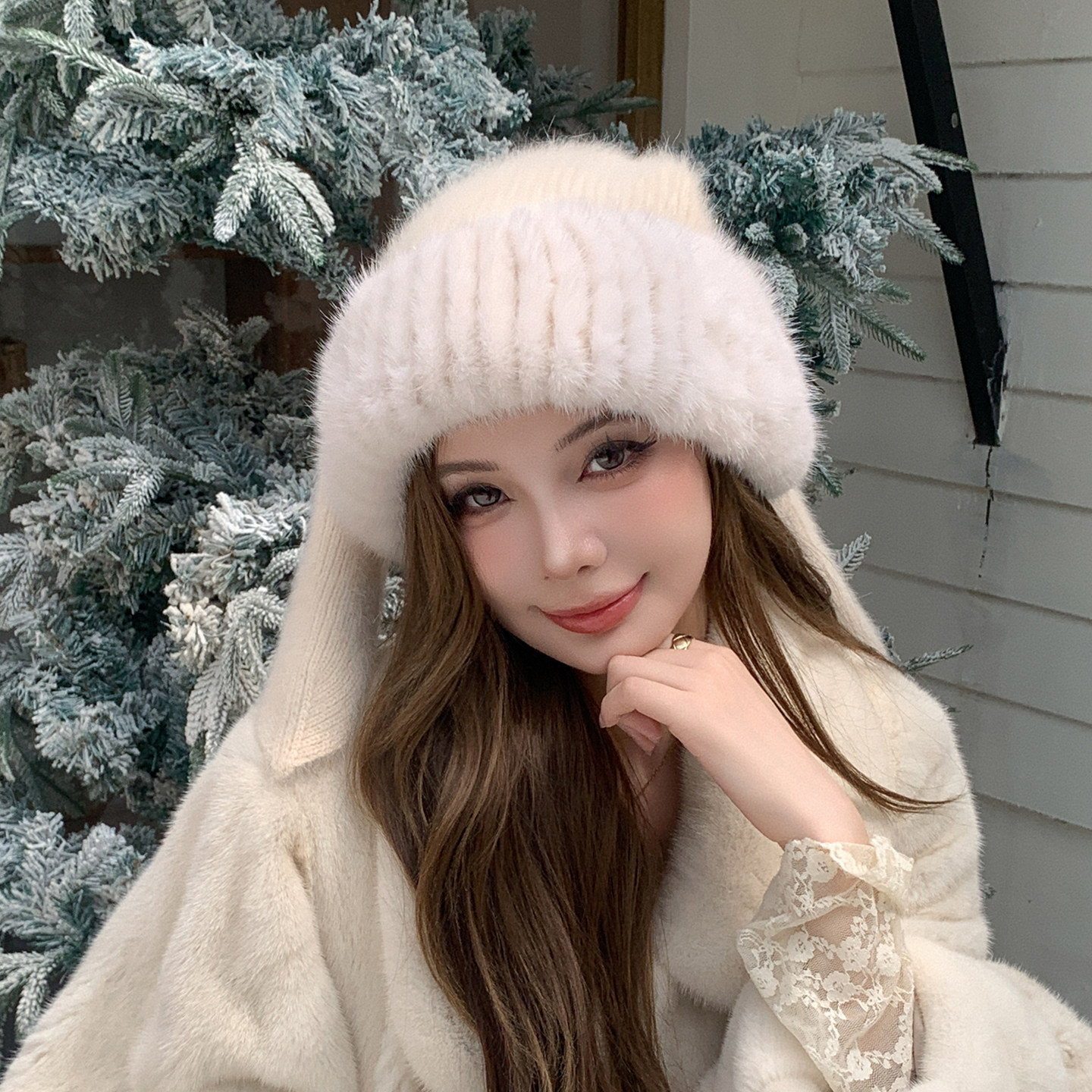 萌趣兔耳朵帽甜美可爱女士冬季出游百搭护耳保暖水貂毛配针织帽子