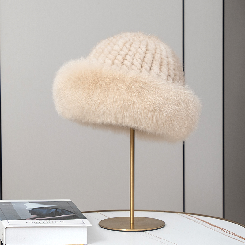 女冬季韩版新款渔夫帽水貂毛编织配狐狸毛边真毛皮草帽子保暖潮搭