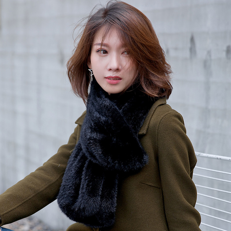 冬季气质百搭黑色貂皮长款围脖女双面水貂毛加厚编织保暖皮草围巾