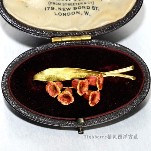 SOLD 60年代Ruth Satsky签名18K金粉橙珐琅铃铛花复古董胸针收藏