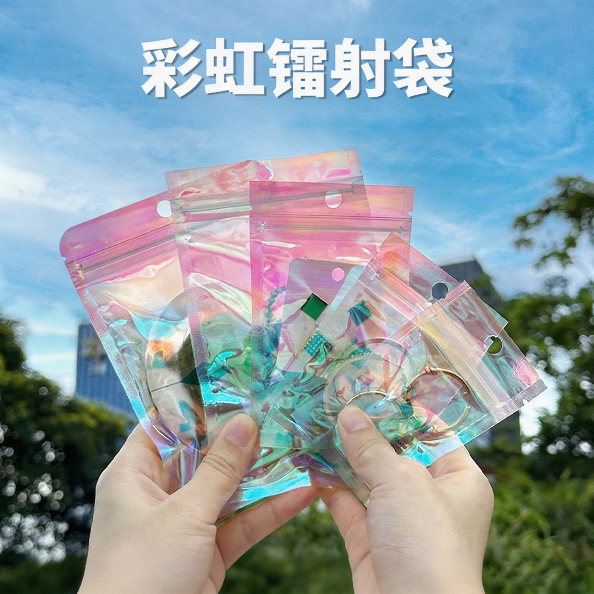 彩虹镭射自封袋炫彩吧唧14丝渐变彩色饰品幻彩首饰挂件密封袋