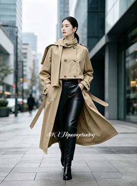 法式设计感前短后长披风大衣女秋气质休闲宽松卡其色中长风衣外套
