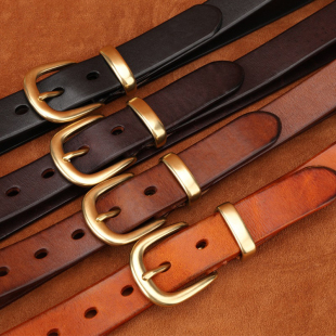 2.8cm宽窄细款 皮带女头层牛皮真皮腰带针扣 手工复古铜扣牛仔裤