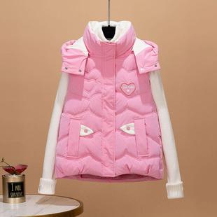 时尚羽绒棉马甲女2025新款小个子马夹外套可爱刺绣学生可脱帽坎肩