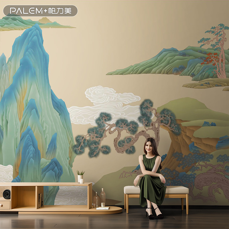帕力美新款中式山水高档客厅复古墙布电视背景墙壁纸餐厅书房壁画