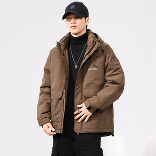 高奢欧美宽松连帽羽绒服男士冬季新款派克服保暖外套轻薄工装夹克