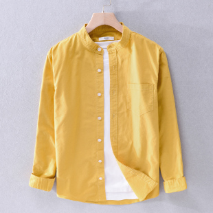高级无领黄色衬衫男日系复古休闲立领衬衣新款牛津纺全棉白色寸衫