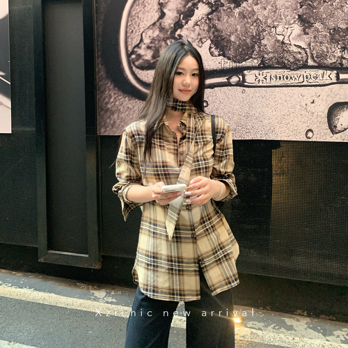 英伦风全棉格纹衬衫2025秋季新款Y*L同款面料长袖衬衣飘带上衣女