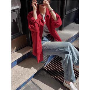 巨显白红色衬衫女2024年新款韩版设计感小众宽松休闲洋气上衣外套