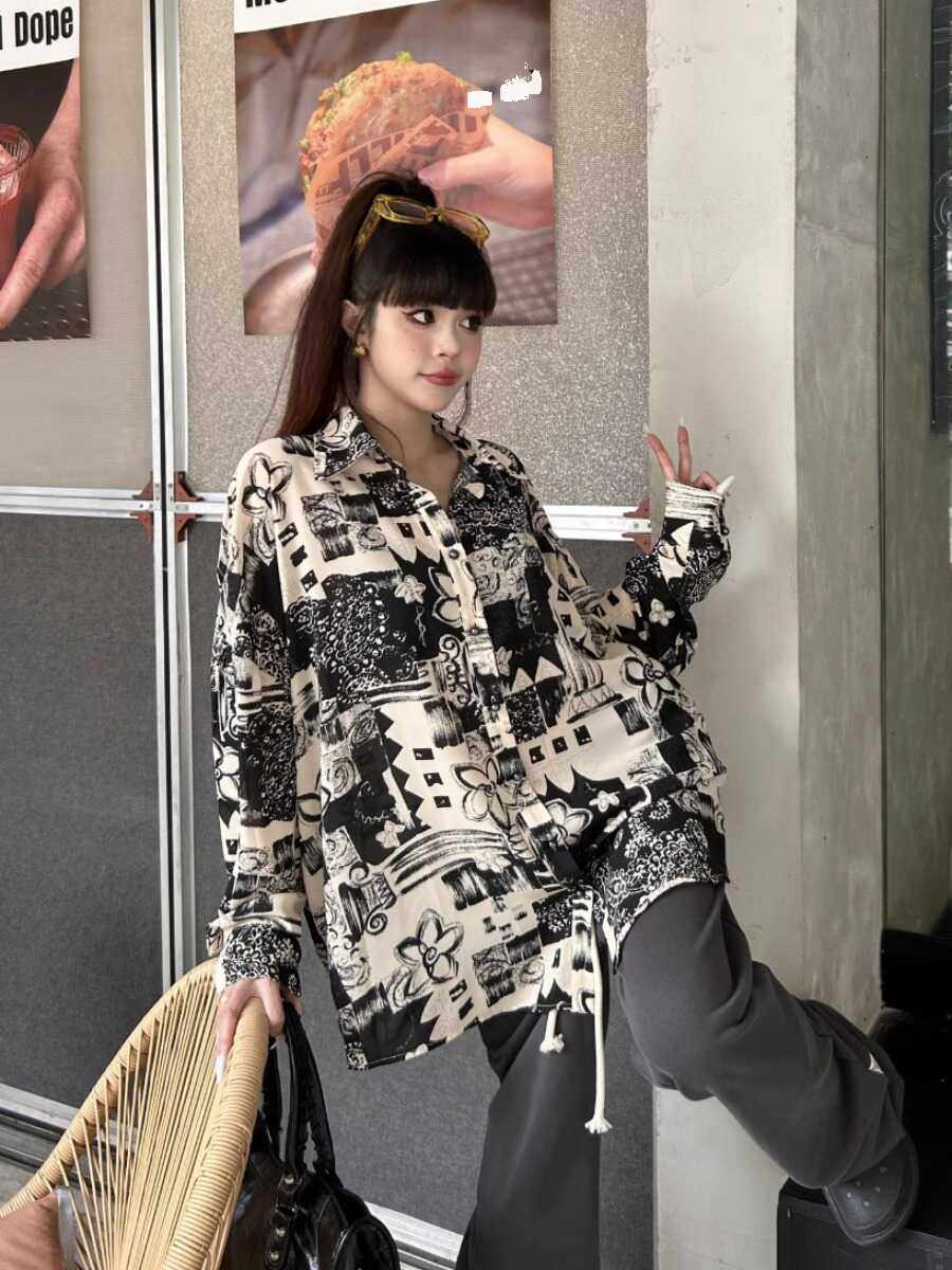 OKMA 宽松防晒衬衫女2024夏季薄款外穿设计感上衣印花高级感衬衣
