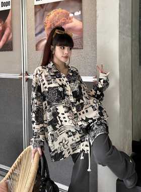 OKMA 宽松防晒衬衫女2024夏季薄款外穿设计感上衣印花高级感衬衣