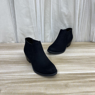 外贸原单女鞋新款尖头时尚纯色粗跟短靴松紧口舒适百搭日常及踝靴