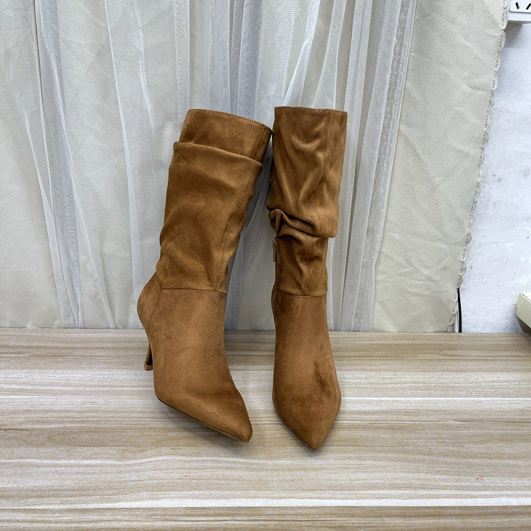 外贸原单女靴新款尖头纯色细高跟套筒时装中筒靴时尚百搭堆堆靴