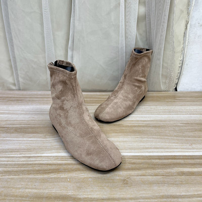 圆头纯色平底后拉链短靴瘦瘦靴