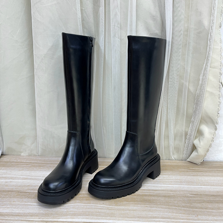 外贸原单女靴真皮新款时尚通勤圆头纯色厚底粗跟侧拉链长靴骑士靴