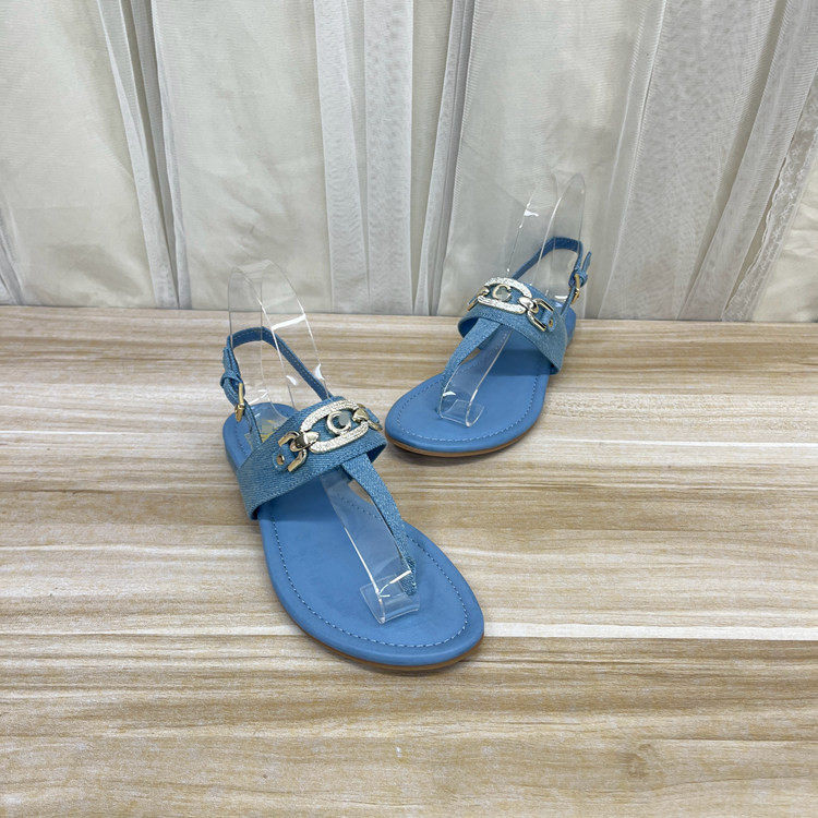 外贸原单女鞋新款shoes圆头时尚平底夹趾金属扣带钻休闲时装凉鞋