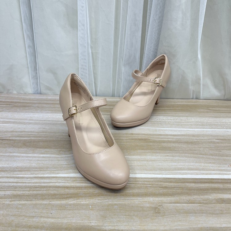 圆头厚底细高跟一字扣浅口单鞋