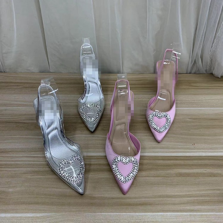 外贸原单新款爆款尖头爱心水钻银色透明细高跟粉色时尚气质款凉鞋
