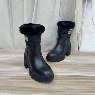 外贸原单女靴内里带毛时尚保暖圆头纯色厚底粗高跟防水台毛毛短靴