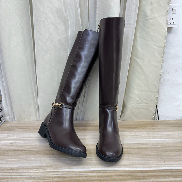 外贸原单女靴时尚新款圆头纯色厚底休闲百搭侧拉链皮带扣时装长靴