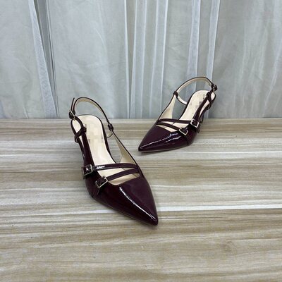 外贸原单shoes新款尖头细跟单鞋简约时尚气质一字扣后空女高跟鞋