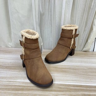 休闲百搭 新款 Lady Shoes外贸原单圆头粗跟皮带扣短靴加绒简约时尚