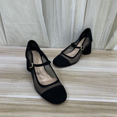 圆头粗跟网面一字扣玛丽珍单鞋