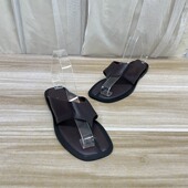 外贸原单女鞋 百搭方头平底休闲沙滩夹趾人字日常拖鞋 新款 真皮时尚