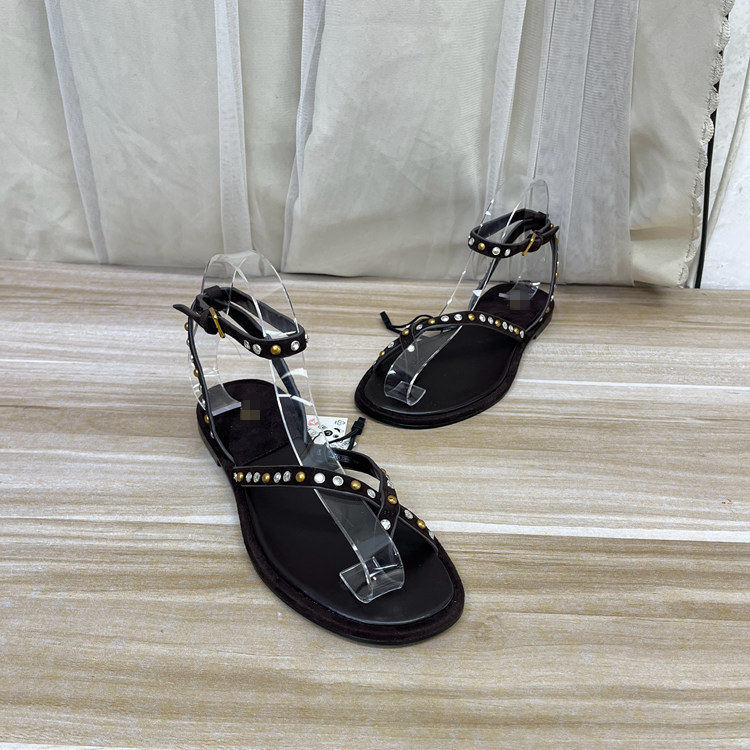 外贸原单女鞋真皮时尚shoes新款圆头纯色夹趾带钻串珠平底凉鞋