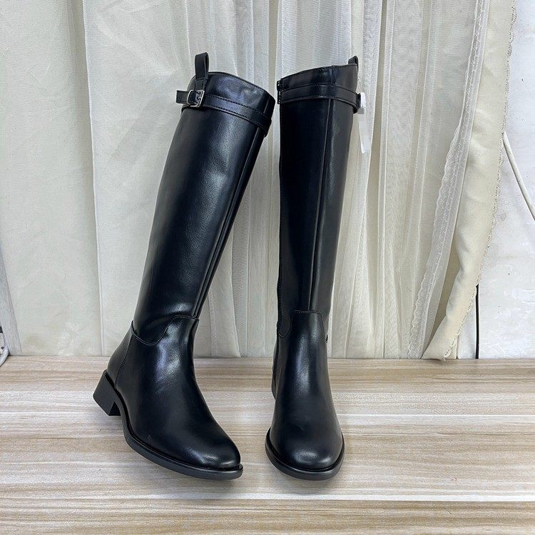 Lady Shoes外贸原单女靴新款时尚圆头纯色粗跟侧拉链时装长筒靴