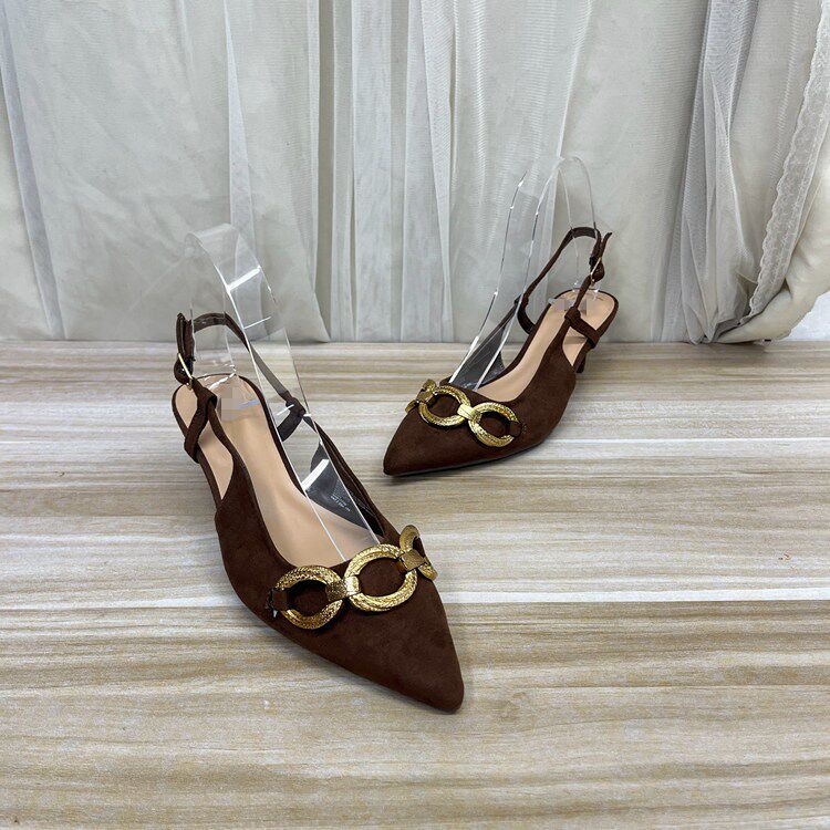 Lady Shoes 外贸原单女鞋尖头纯色金属扣细跟一字扣时装单鞋凉鞋