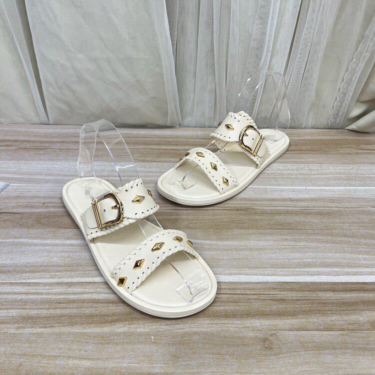 Lady Shoes外贸原单圆头铆钉皮带扣平底拖鞋简约时尚新款舒适百搭