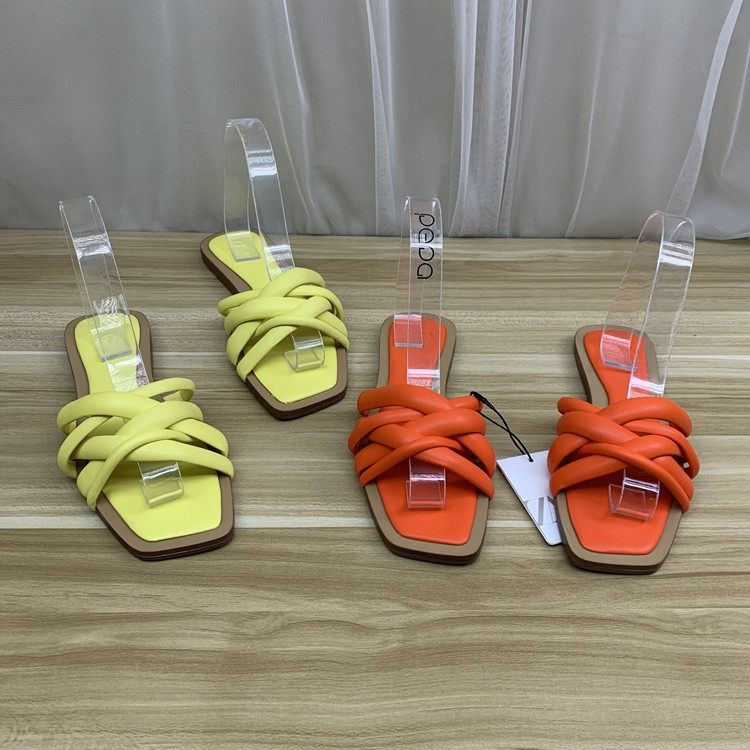 外贸原单外穿平底编织欧美风一字头时尚方头沙滩鞋休闲居家旅游女