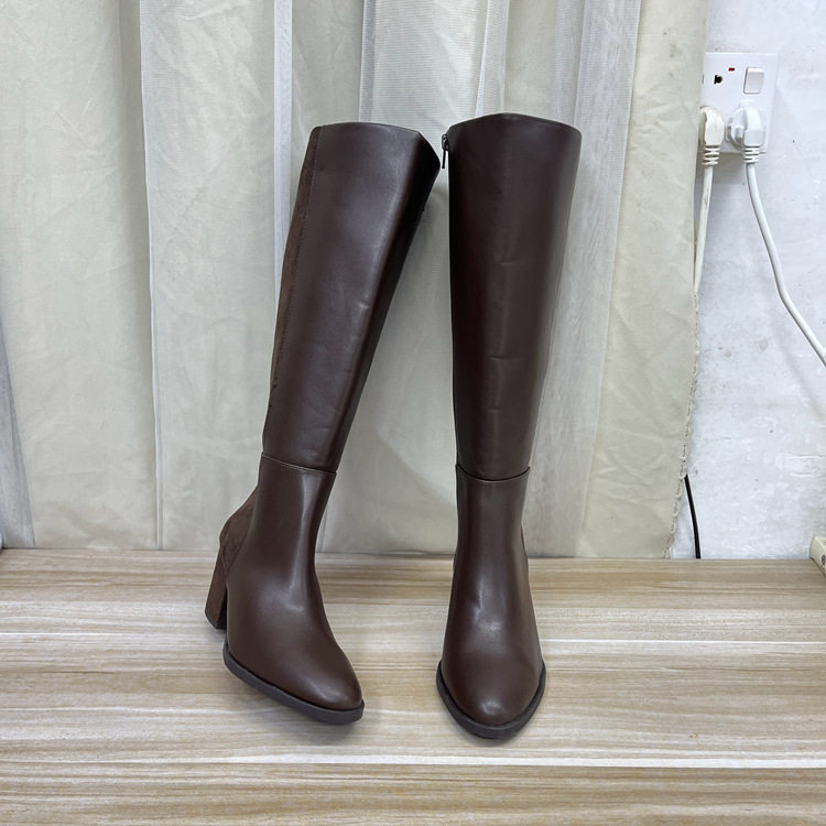 圆头纯色侧拉链粗高跟时装长靴