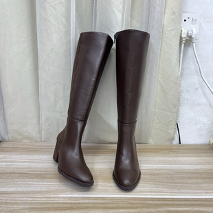 外贸原单女靴微瑕优惠款圆头纯色侧拉链粗高跟时装长靴时尚骑士靴