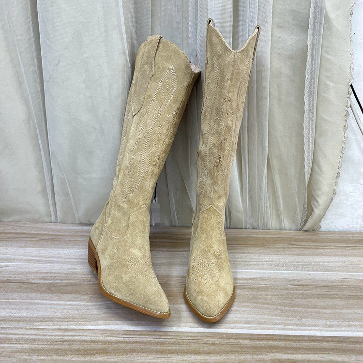 Lady Shoes外贸原单女靴真皮微瑕时尚尖头纯色粗跟侧拉链时装长靴