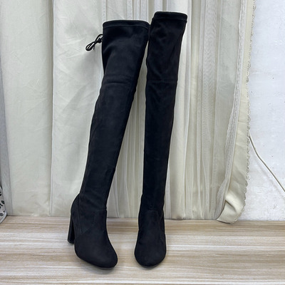 圆头纯色粗高跟绒面抽绳长筒靴