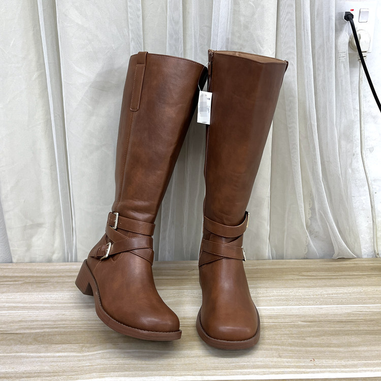 外贸原单女鞋圆头粗跟侧拉链纯色加宽鞋偏大一码百搭舒适长筒靴