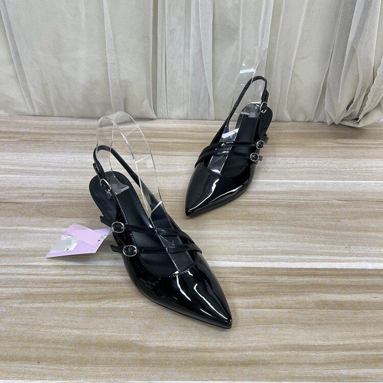 Lady Shoes 外贸原单女鞋微瑕尖头纯色细高跟一字扣浅口单鞋凉鞋