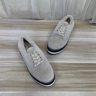 外贸原单女鞋里外羊毛新款圆头纯色松糕底带钻系带毛毛休闲板鞋