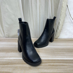 舒适百搭靴子 新款 Lady Shoes外贸原单方头厚底粗跟短靴简约时尚