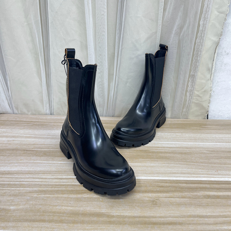 厚底圆头纯色粗跟套筒短靴烟筒靴