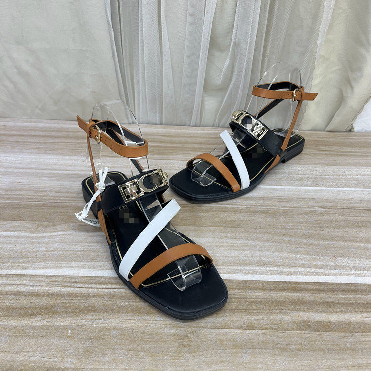 Lady Shoes外贸原单女鞋新款时尚通勤方头拼接一字扣平底时装凉鞋