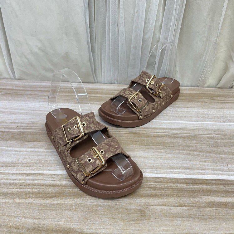 Lady Shoes外贸原单女鞋新款时尚圆头纯色皮带扣三角标博肯拖鞋