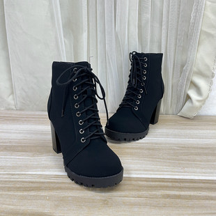 Lady 马丁靴 Shoes外贸原单圆头粗跟系带短靴简约防水台气质女款