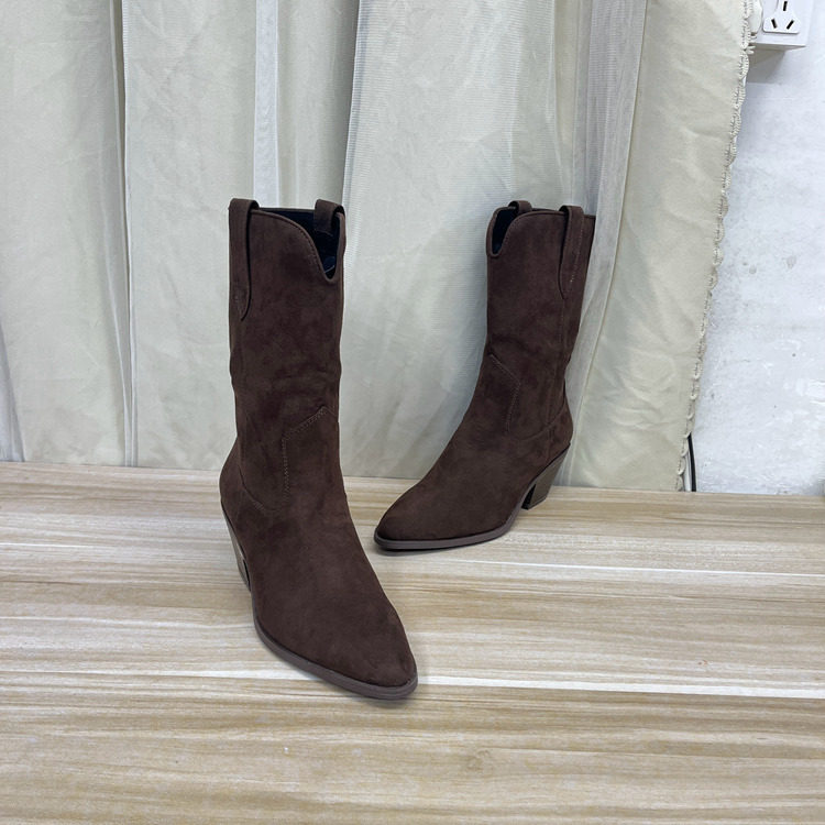 外贸原单女靴新款时尚绒面尖头纯色粗跟套筒中筒靴休闲西部牛仔靴