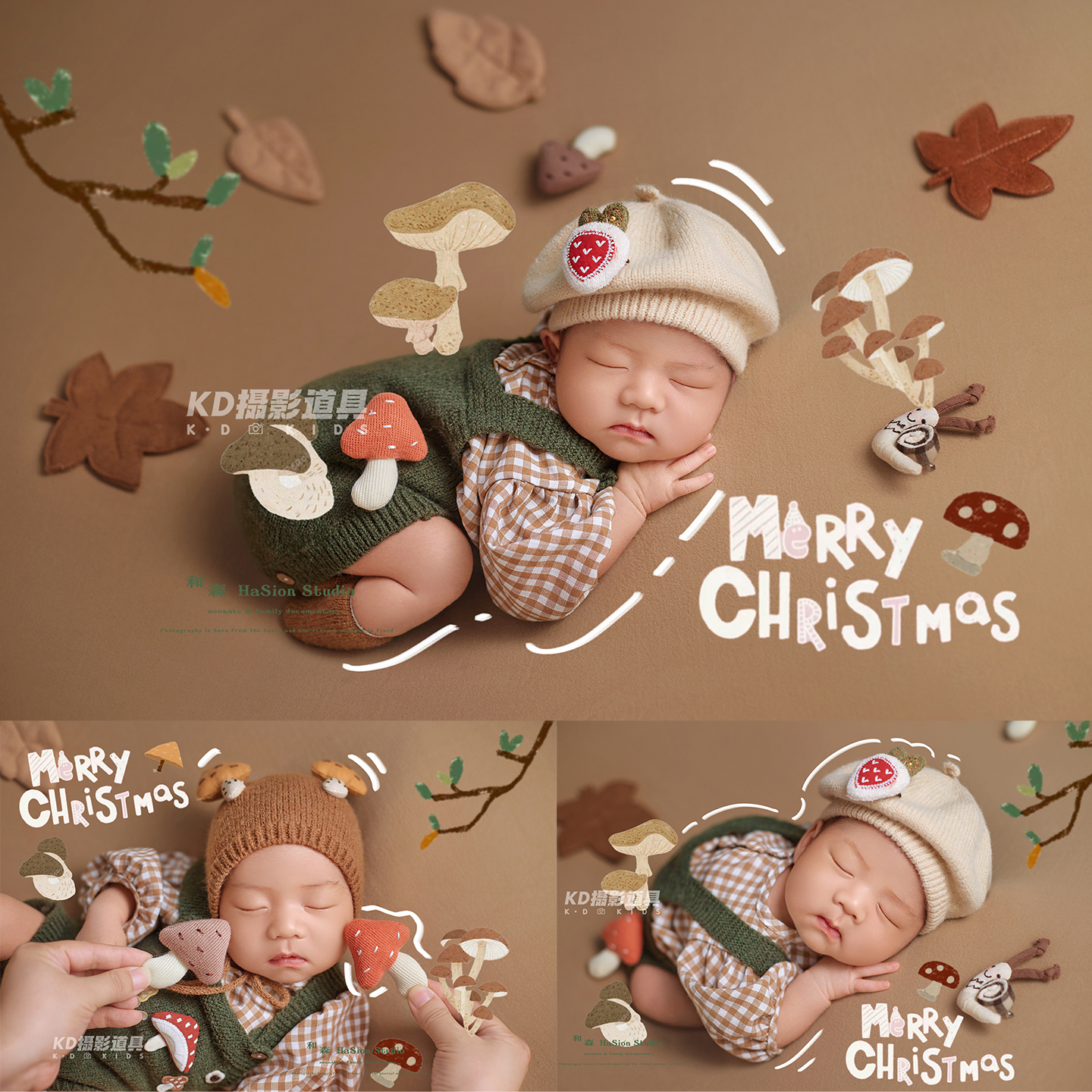 2025新生儿摄影圣诞节主题道具 宝宝满月照婴儿写真蘑菇可爱服装