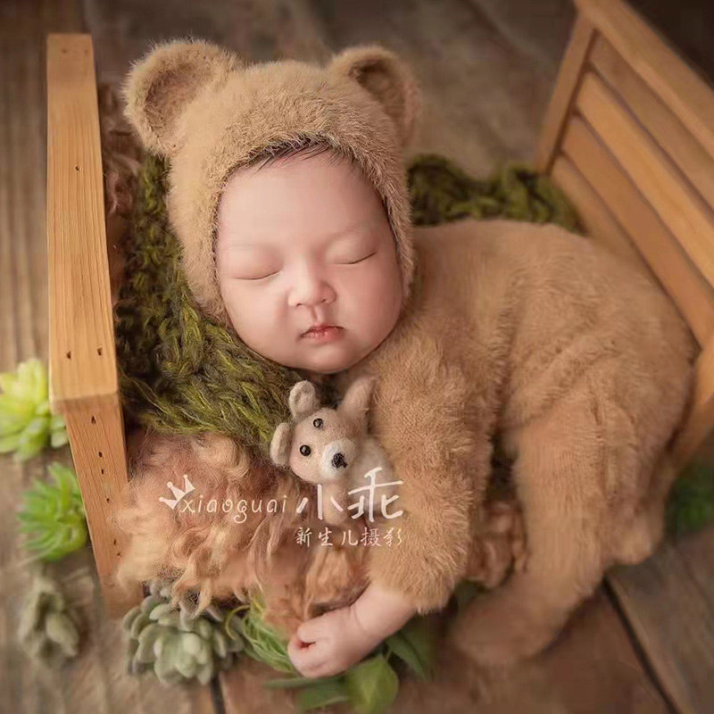 可爱小毛熊连体衣+帽子套装 新生儿拍照衣服婴儿拍照卡通服装道具