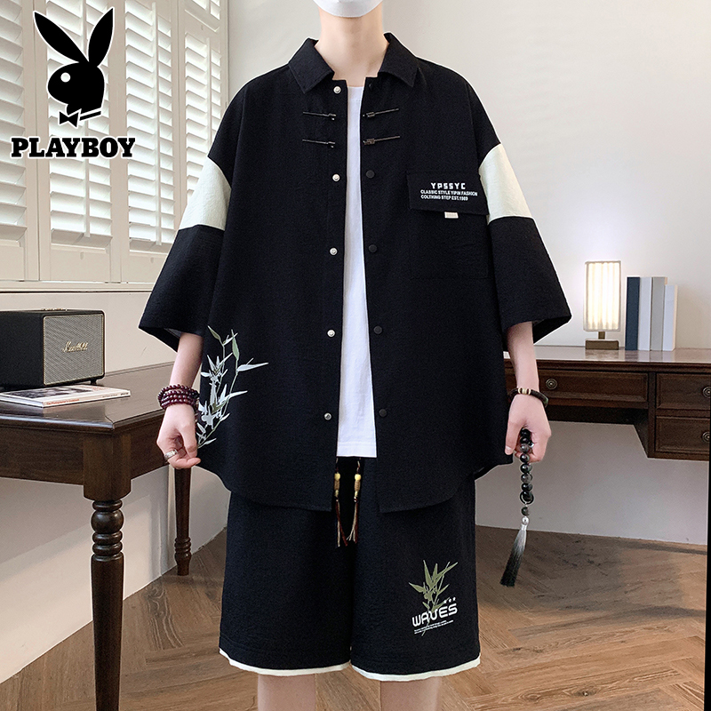 花花公子男装短袖衬衫套装春夏季2025新款潮牌宽松休闲半袖两件套