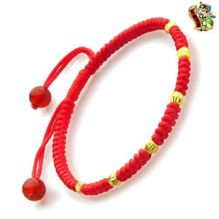 手工编织金刚结红绳手链民族风仿黄金珠子装饰可调节情侣红绳手饰